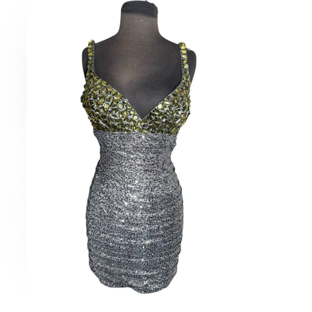 Y2K Babydoll Studded Metallic Lace Bodycon Dress M Edgy Rocker Maximalist Disco